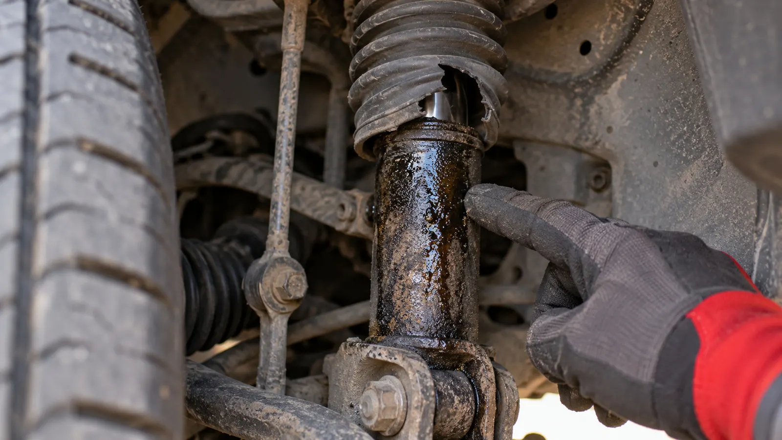 A hand pointing at an oil leak on the body of a shock absorber behind a car's tire