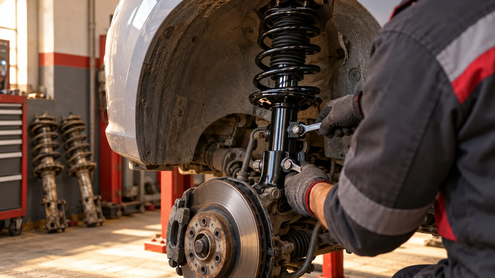 A mechanic installing a new front strut on a car raised in a workshop