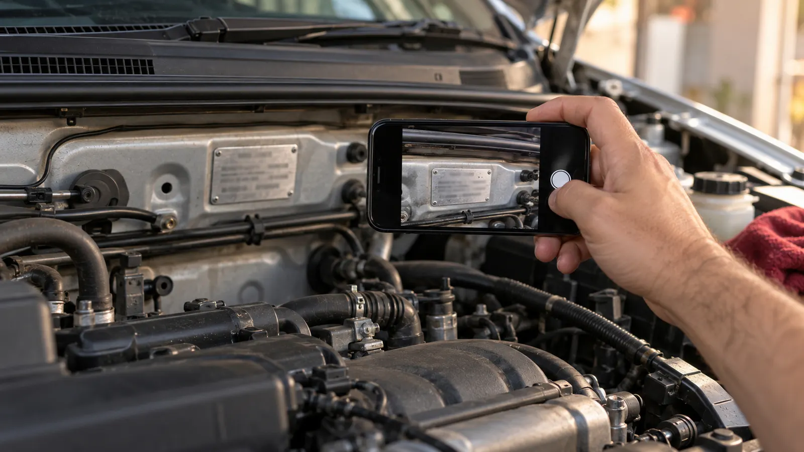 A hand with a phone photographing the model plate in the engine bay