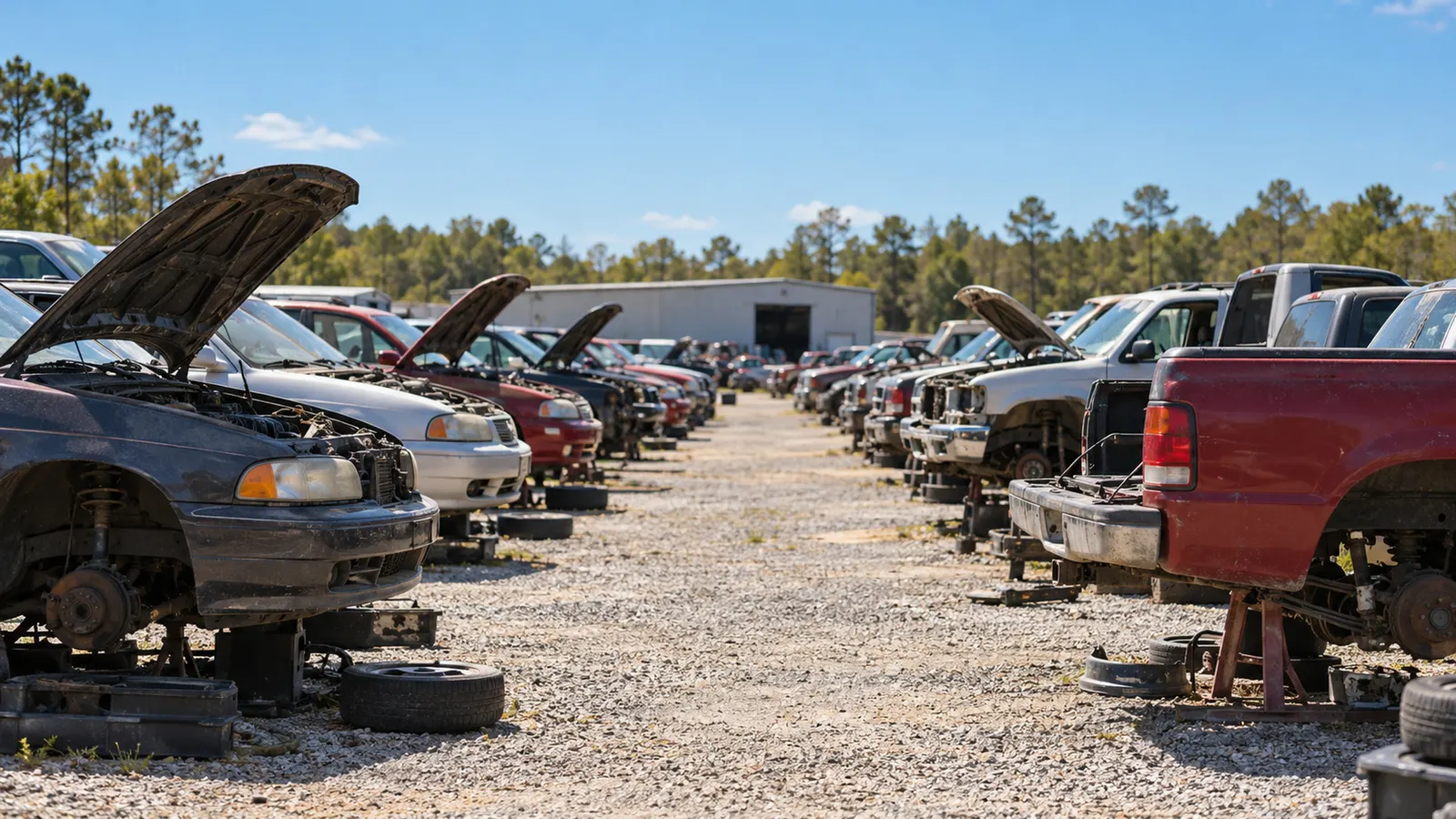 Rows of cars at a US salvage yard, where used parts come from