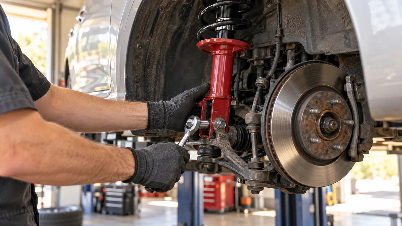 A mechanic's hands installing a new shock absorber on a lifted car